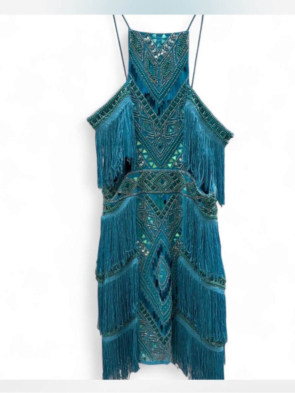 ASOS Teal One-Shoulder Beaded Fringe Dress